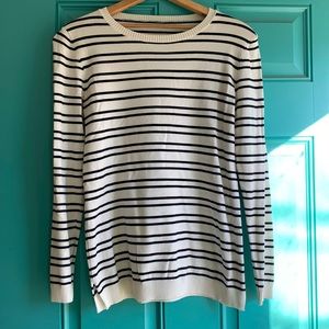 black and white striped sweater, elbow patch